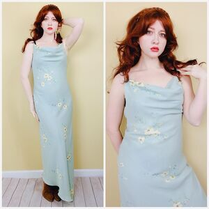 Y2K Seafoam Green Floral Bias Cut Dress Vintage Romantic Gathered Neck Maxi XL